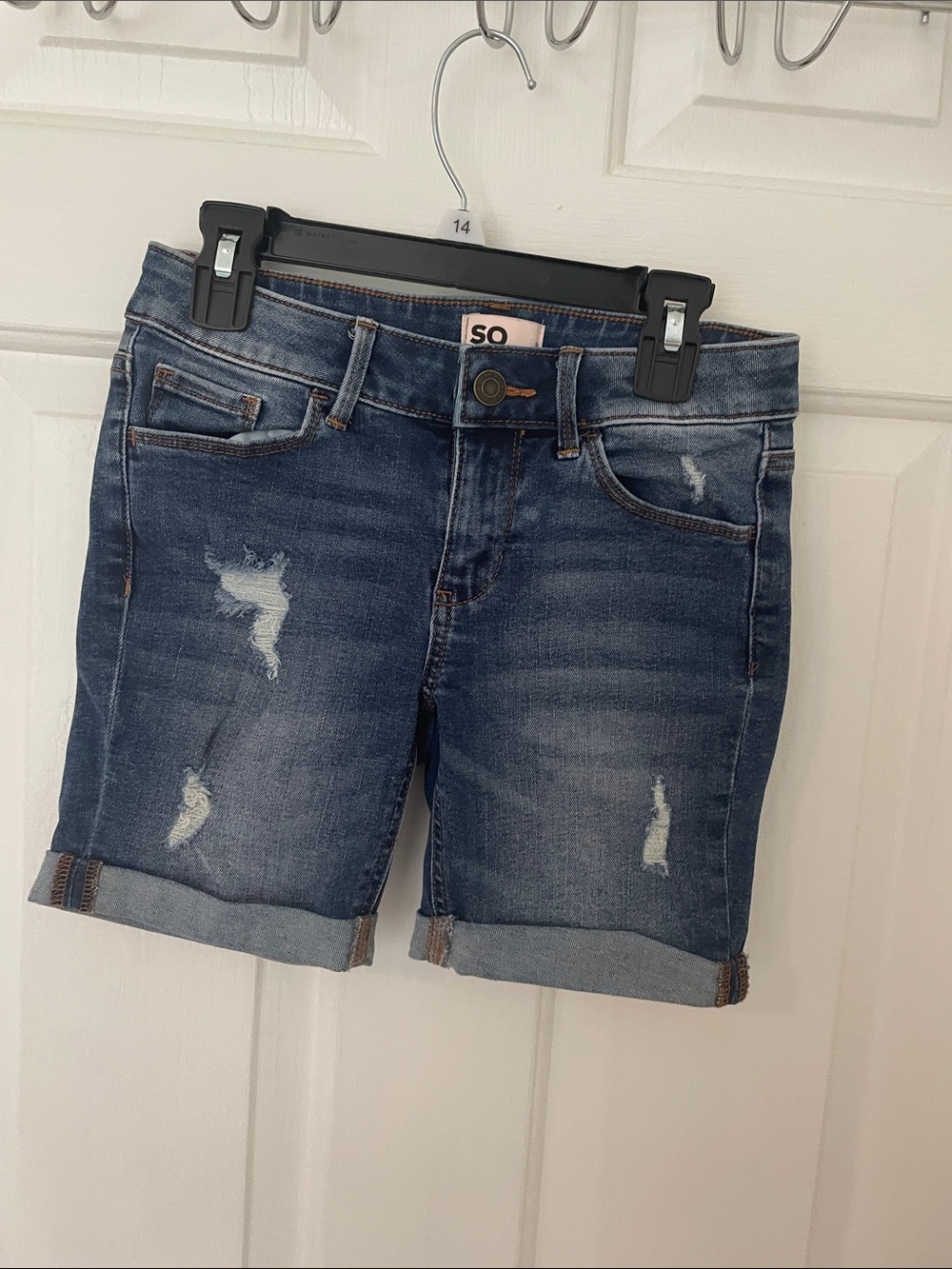 SO Women’s Distressed Dark Indigo Rolled-Hem Jean Shorts